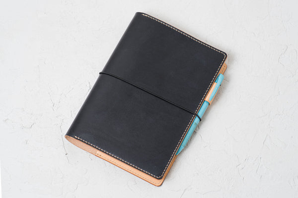 A5/Hobonichi Cousin/Seven Seas Black Leather Notebook Cover with Elastic Closure