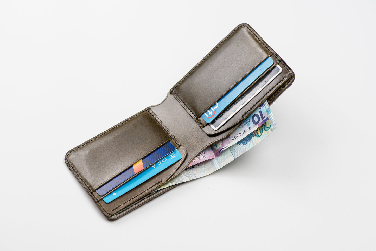 Portefeuille personnalisable en cuir Cordovan noir et vert olive à 4 compartiments