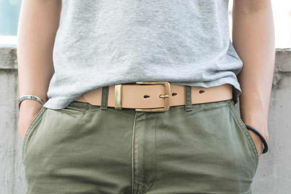 Person wearing a natural Leather standard Belt with cargo pants- Lifestyle view