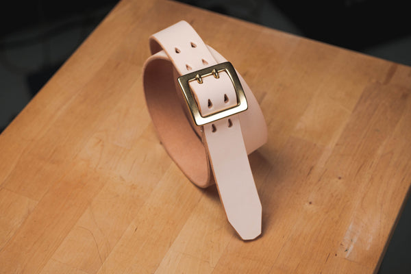 Natural Vegetable-tanned Leather Stitched Double Garrison Belt Leather Garrison Belt - 1.5 inch wide with solid brass buckle and teardrop holes