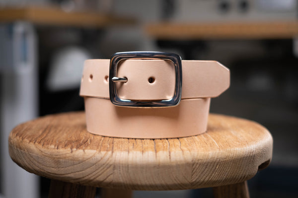 Natural Vegetable-tanned Leather Garrison Belt - Front view with Stainless Steel Buckle 