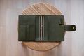 A olive green lined traveler's notebook with card slots and a leather strap, displayed open - detail