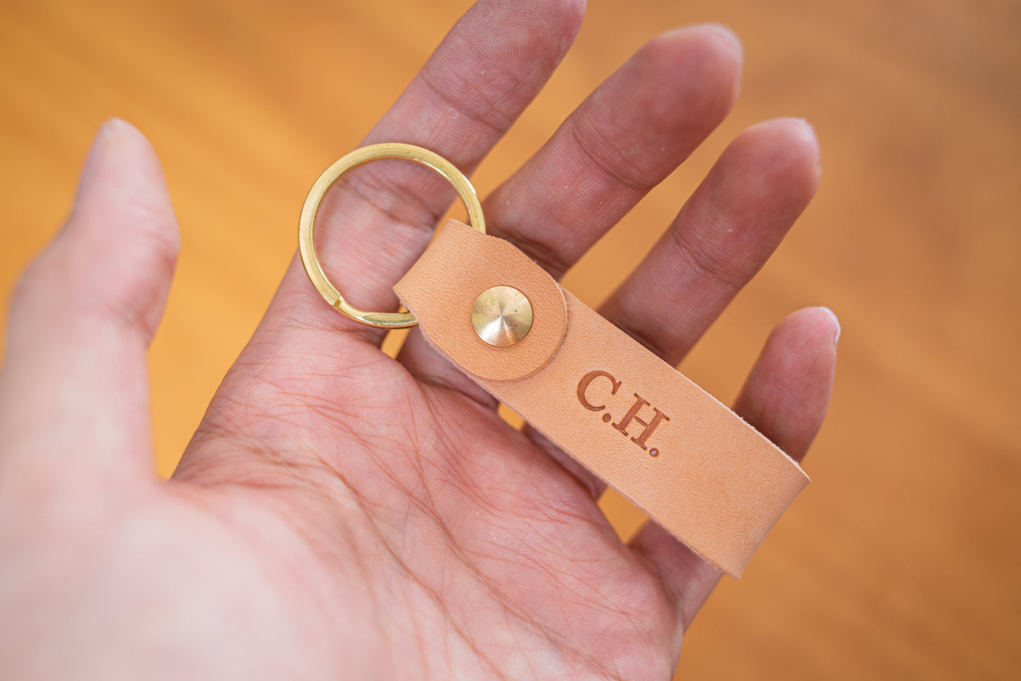 Natural Personalizable Leather Key Fob key holder with solid brass key ring and screws, monogram sample