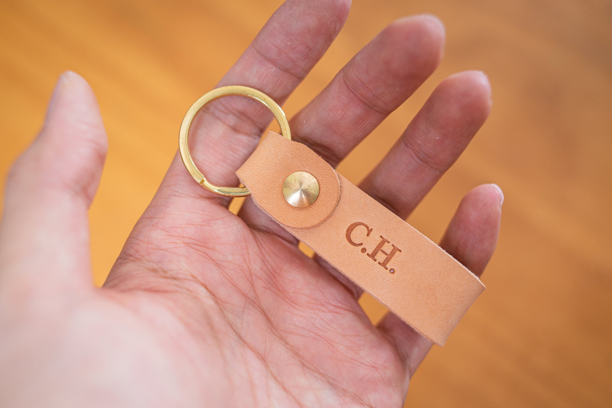 Natural Personalizable Leather Key Fob key holder with solid brass key ring and screws, monogram sample