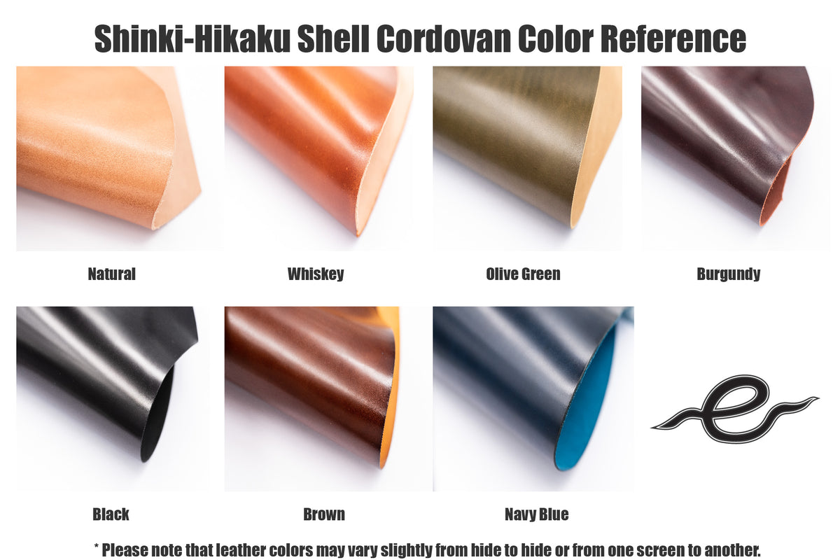 Color reference chart for Shinki-Hikaku Shell Cordovan leather. The chart shows 10 different colors of leather, including natural, whiskey, olive green, burgundy, black, brown, and navy blue.