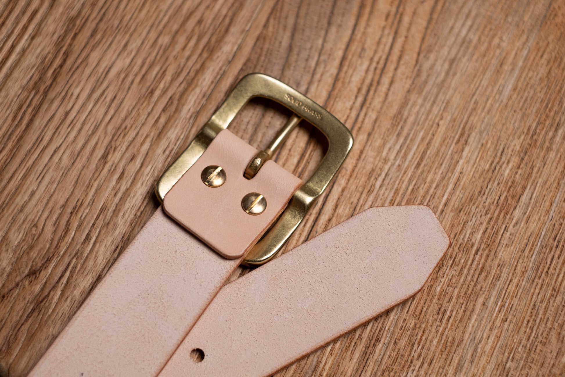 1.5-inch Leather Garrison Belt - Back View showing solid brass buckle and Belt Tip