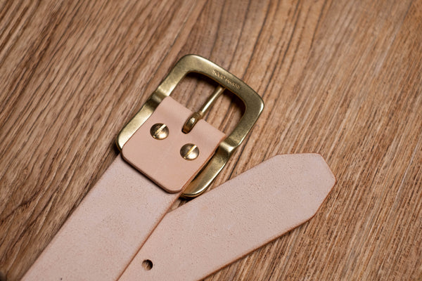 1.5-inch Leather Garrison Belt - Back View showing solid brass buckle and Belt Tip