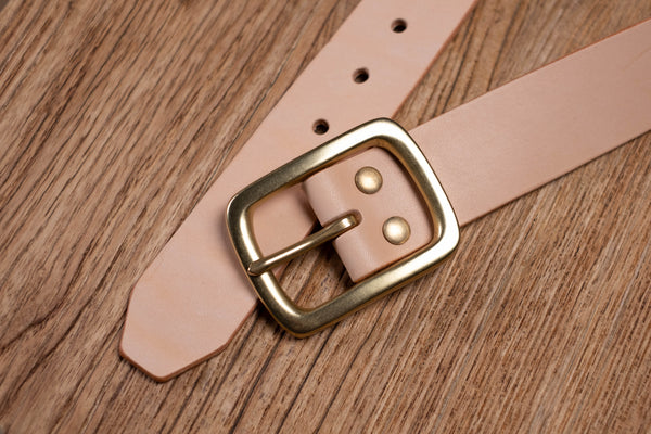1.5-inch Leather Garrison Belt - Front View showing solid brass buckle and Belt Tip