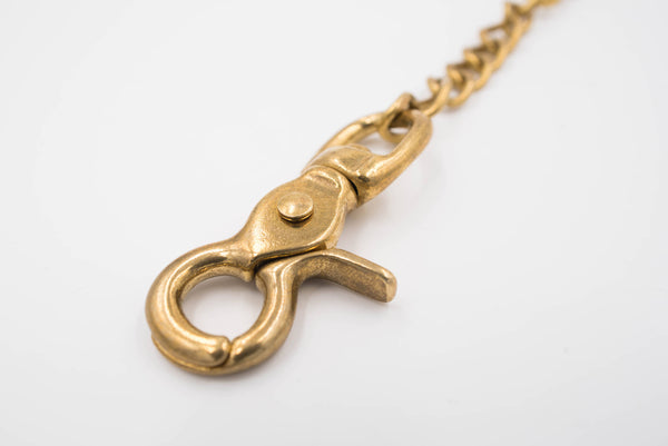 A polished brass keychain with a trigger snap, close up of trigger snap