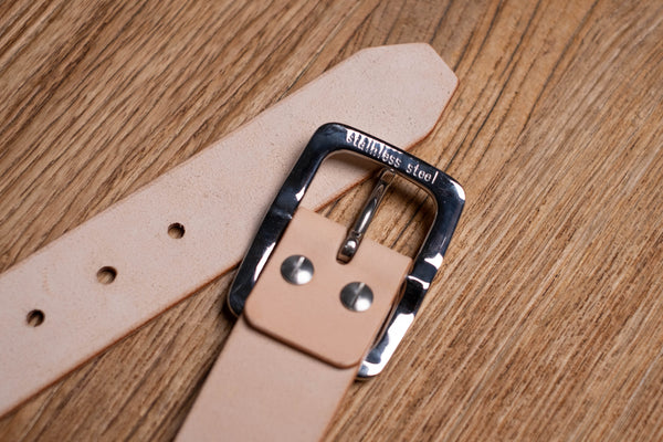 Vegetable-tanned Leather Garrison Belt - back view - detail for Stainless Steel Buckle and Chicago screws and belt tip