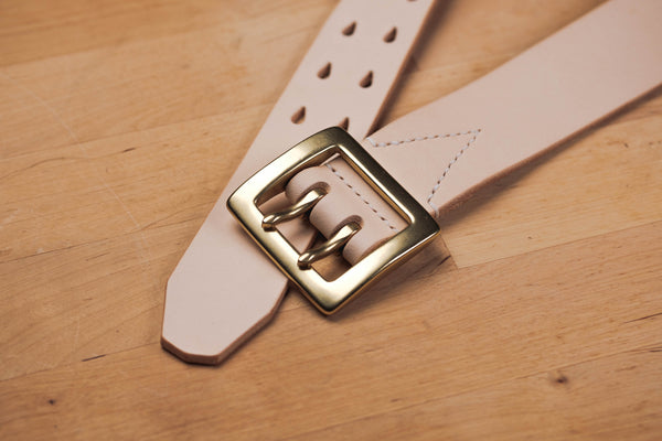 Stitched Full-grain Leather Belt - Detail shot of solid brass buckle and belt tip